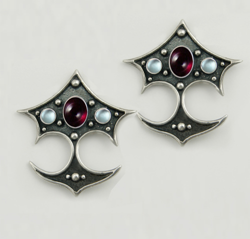 Sterling Silver Gothic Drop Dangle Earrings With Garnet And Blue Topaz